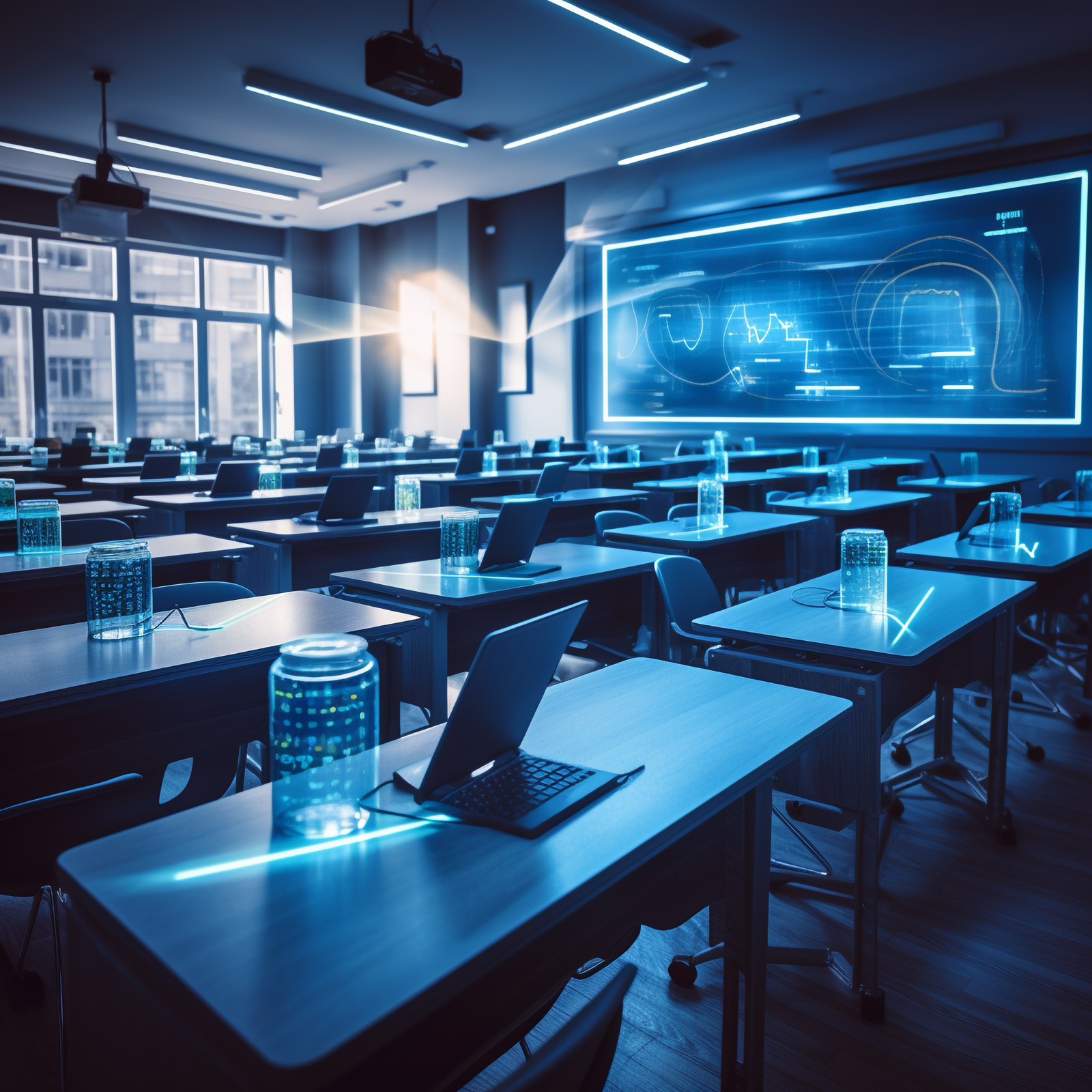 Digital forensic training classroom with workstations and a projected analysis display